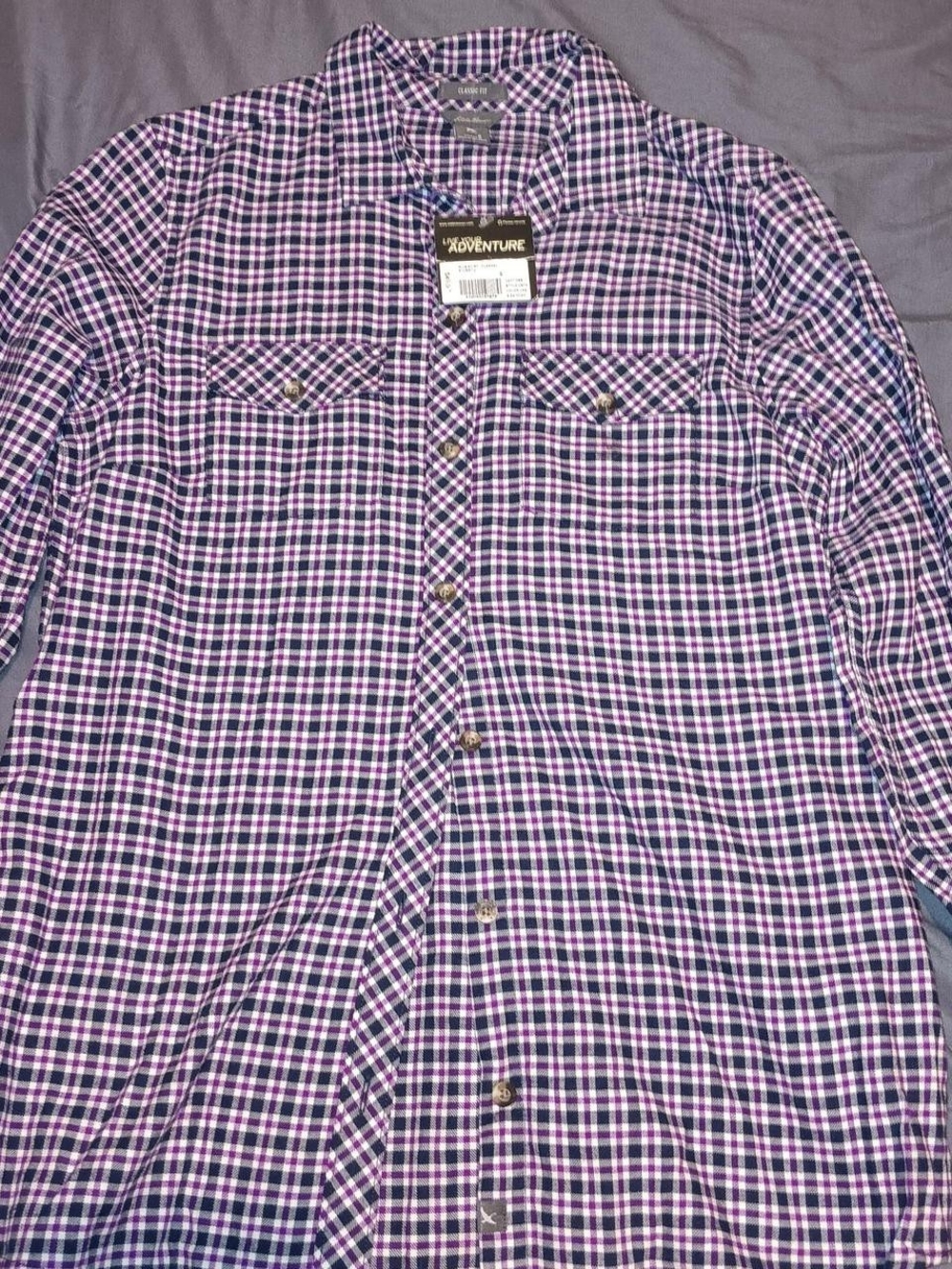 Eddie Bauer Purple and White Plaid Long-Sleeve Button-Up Shirt